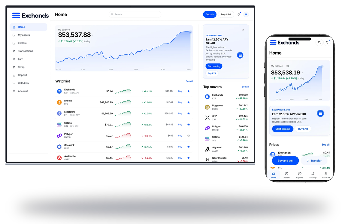 Exchands on desktop and mobile — Home portfolio view