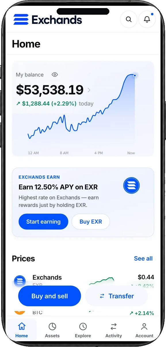 Exchands mobile Home — portfolio balances on phone